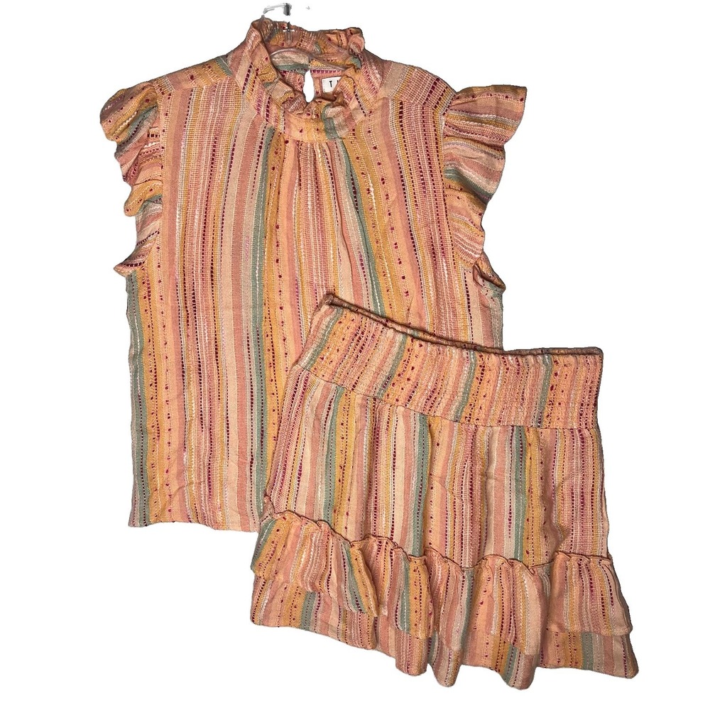 THML Women's 2 Piece Short Set Ruffle Mock Neck Top & Skirt Sz M